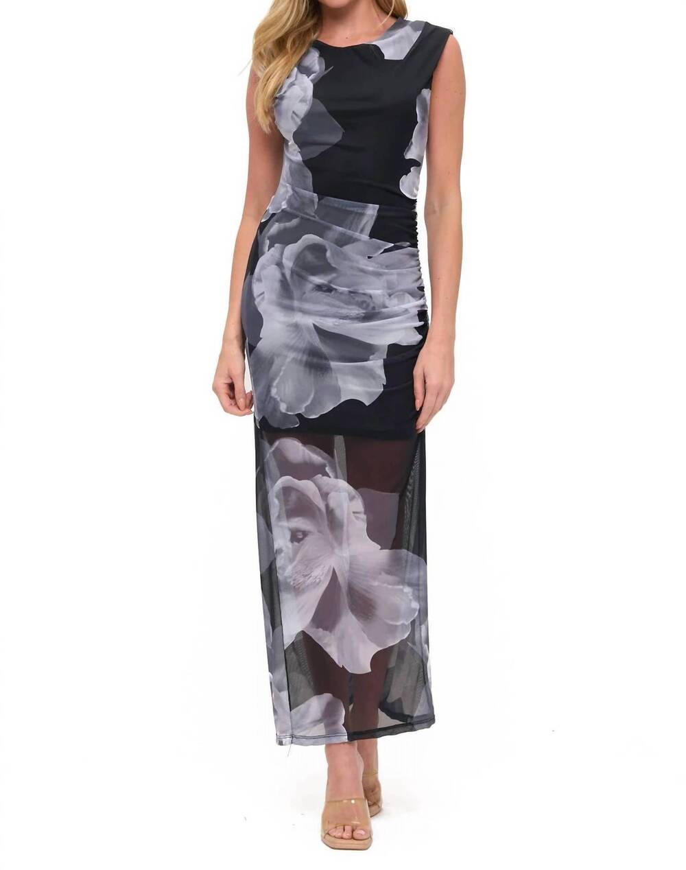 NEW ARIELLA ruched sleeveless maxi dress in black grey